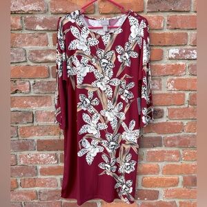 Chico's NWT Desert Blooms Peek a Boo Sleeve Dress Amulet Red Large/2